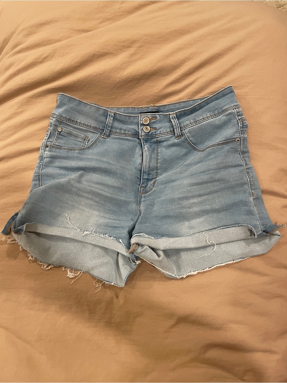 High-Rise Light Blue Denim Rolled Hem Women's Shorts